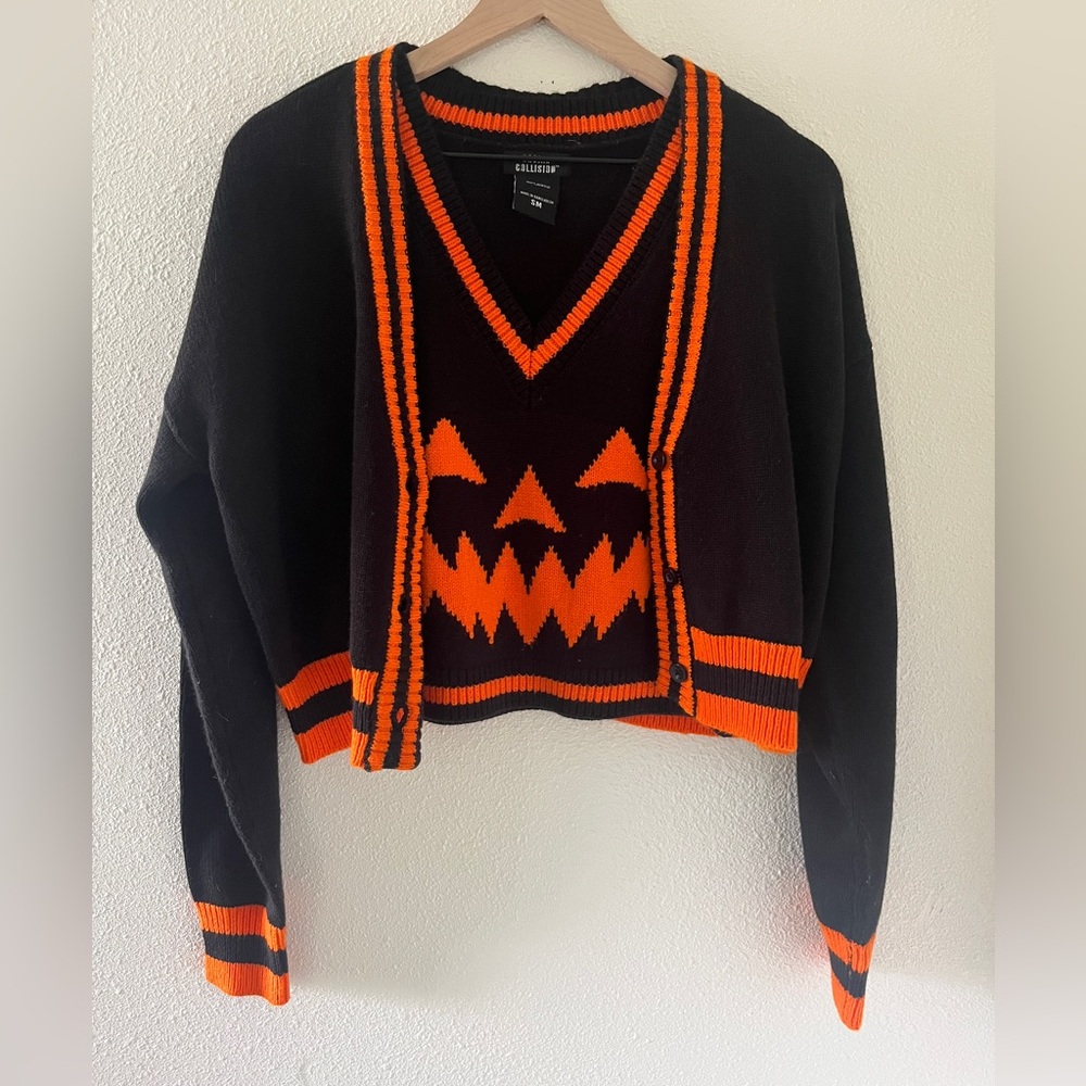Social Collision Halloween Black and Orange Sweater Vest and Cardigan